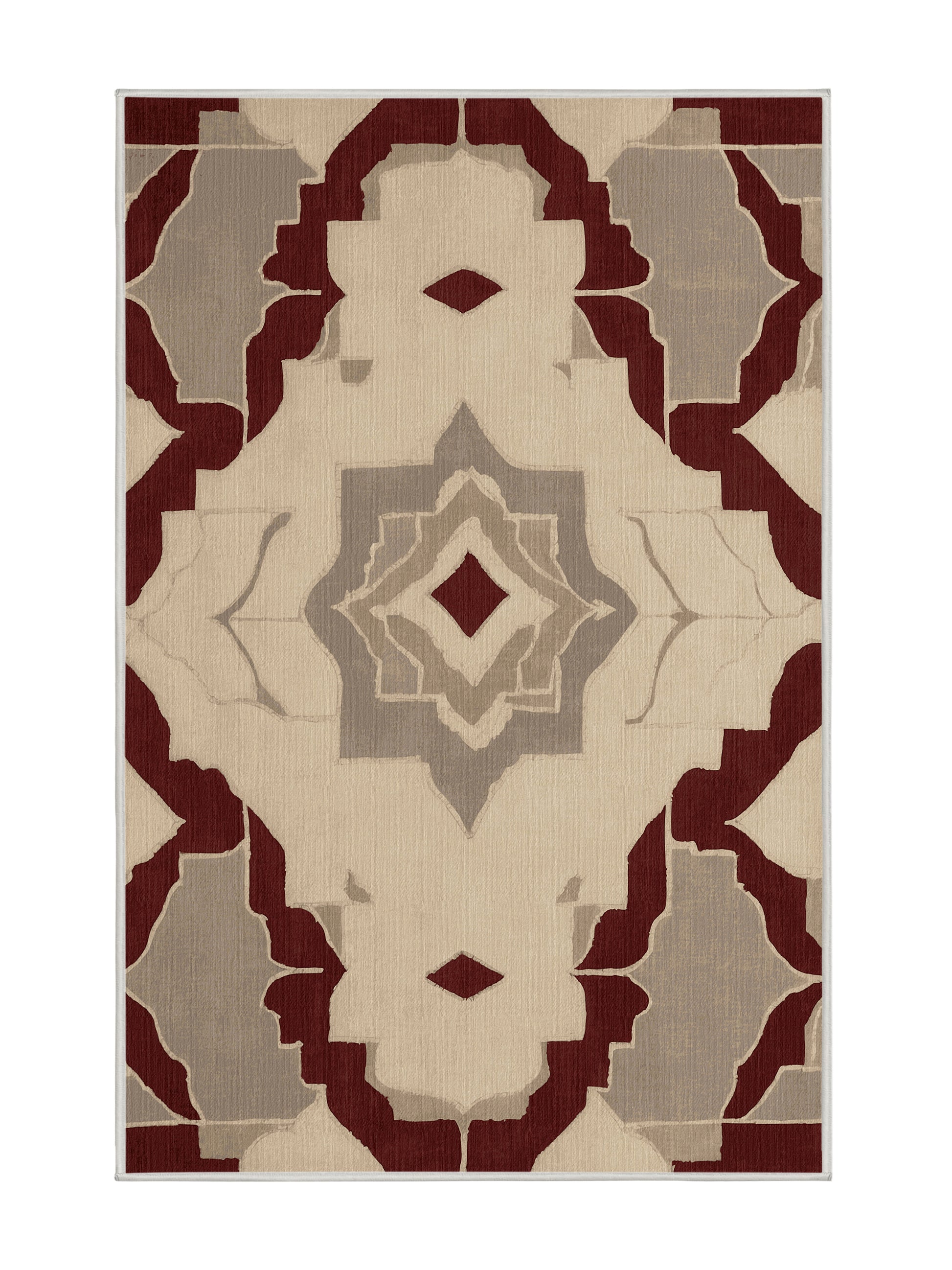 Crimson Geometry Curved Precision - Premium Golden Silk Modern Area Rug | Plush & Washable Options | Rugolution Home Decor