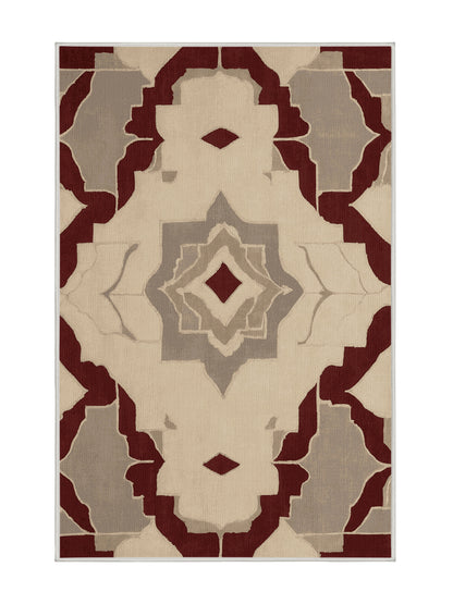 Crimson Geometry Curved Precision - Premium Golden Silk Modern Area Rug | Plush & Washable Options | Rugolution Home Decor