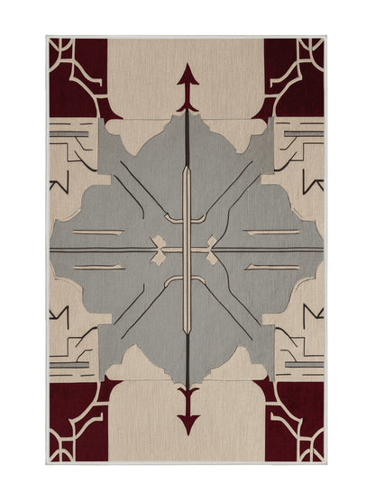 Crimson Geometry Planar Motion - Premium Golden Silk Modern Area Rug | Plush & Washable Options | Rugolution Home Decor