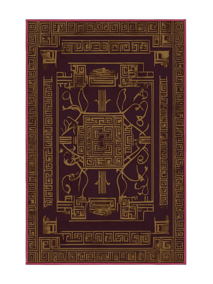 Glided Mythos Golden Fable - Premium Velvet Maroon Modern Area Rug | Plush & Washable Options | Rugolution Home Decor