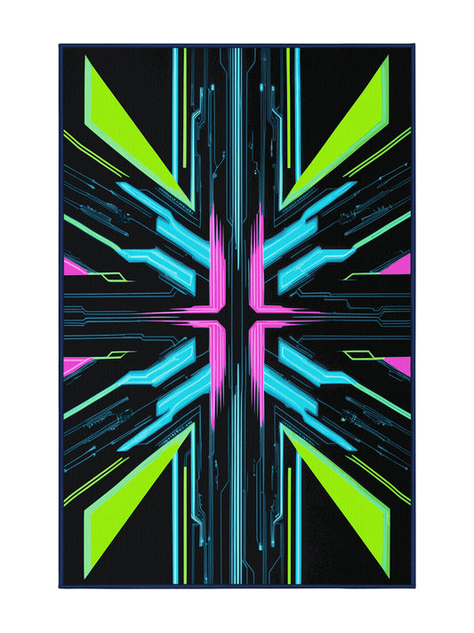 Neon Nexus Pulse Fragments - Premium Black Blue Modern Area Rug | Plush & Washable Options | Rugolution Home Decor