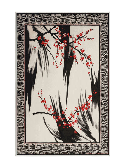 Sakura Waves Scarlet Branches - Premium White Chocolate Modern Area Rug | Plush & Washable Options | Rugolution Home Decor