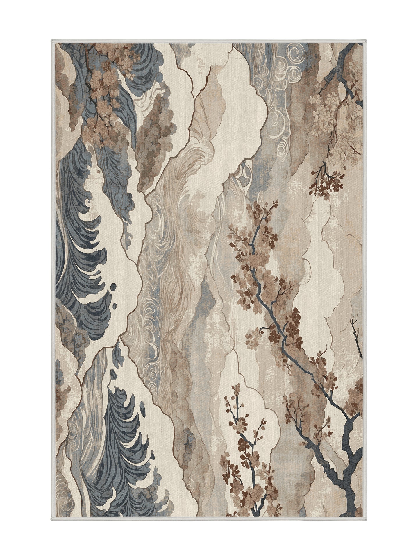 Sakura Waves Blossom Tides - Premium White Chocolate Modern Area Rug | Plush & Washable Options | Rugolution Home Decor