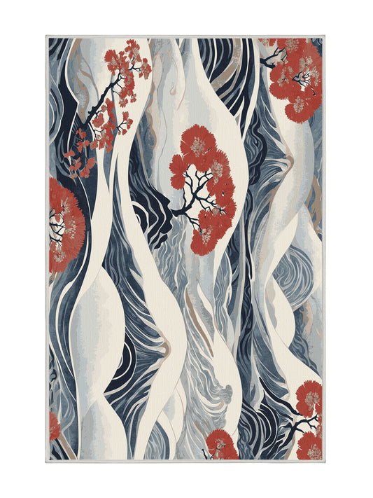 Sakura Waves Gentle Blossoms - Premium Ash White Modern Area Rug | Plush & Washable Options | Rugolution Home Decor